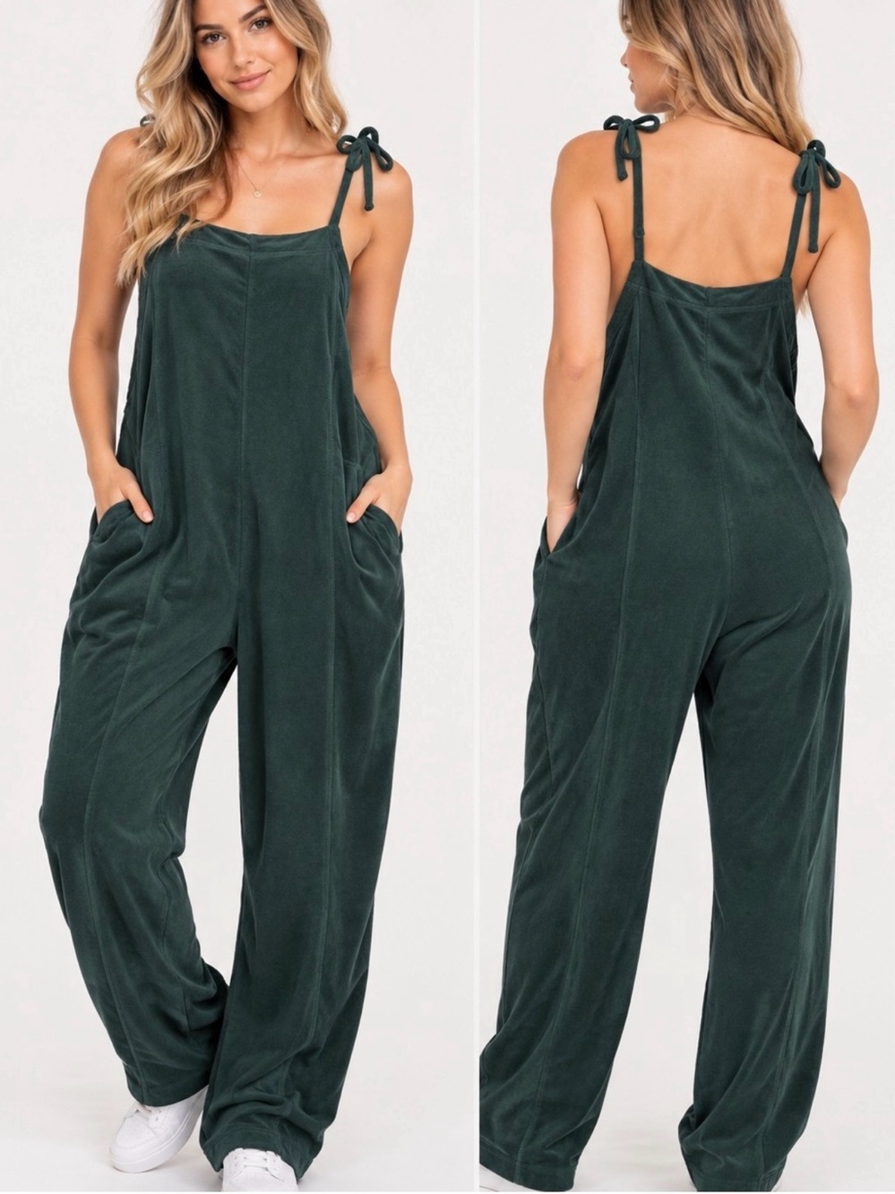 New in Tie-Shoulder Wide Leg Jumpsuit - Forest Green